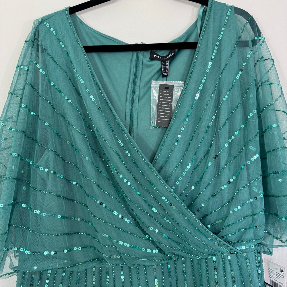 ADRIANNA PAPELL STUDIO Sequin Beaded Flutter Sleeve Cocktail Dress Green Size 20 - Picture 6 of 10